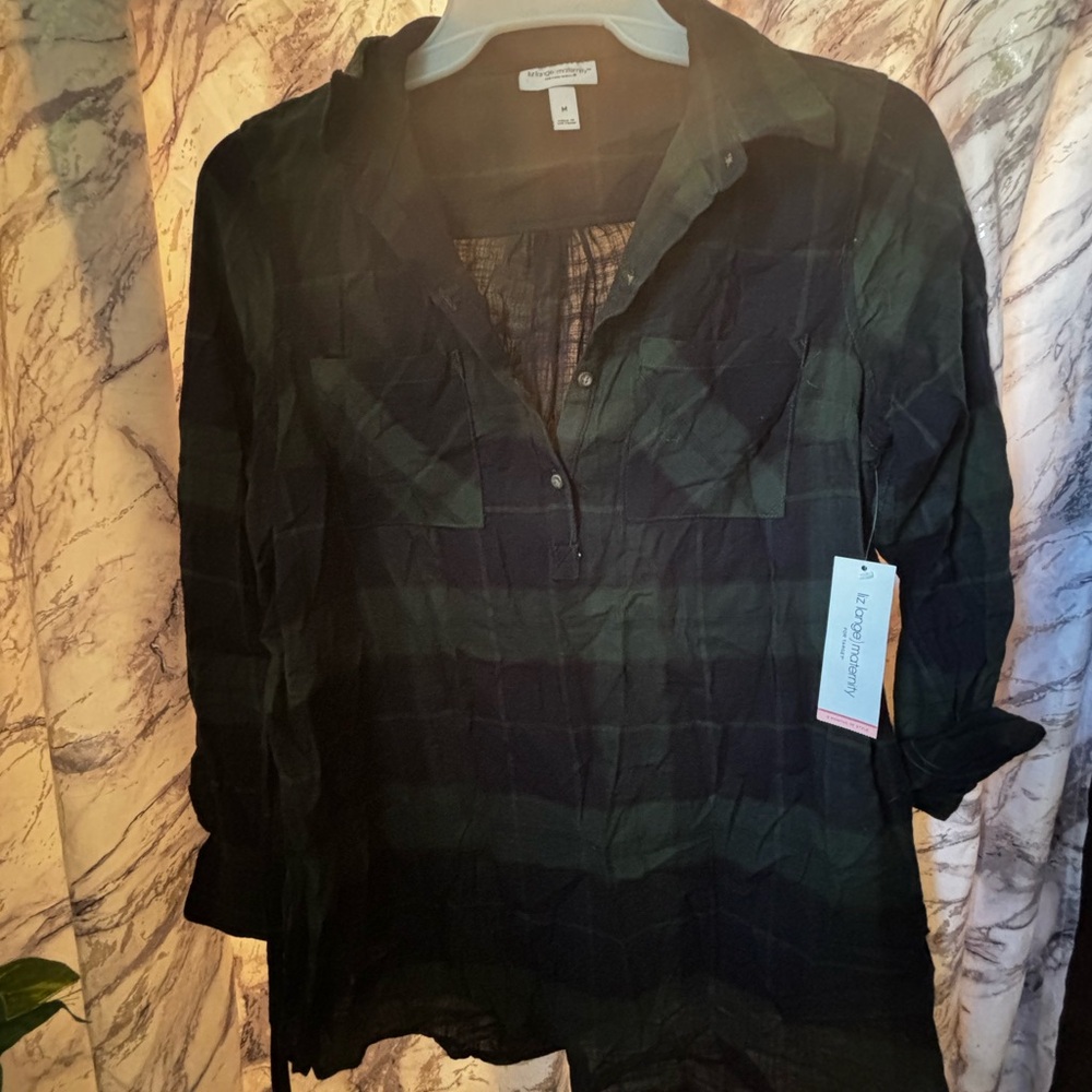 Green and Black Plaid Button-Up Maternity Shirt